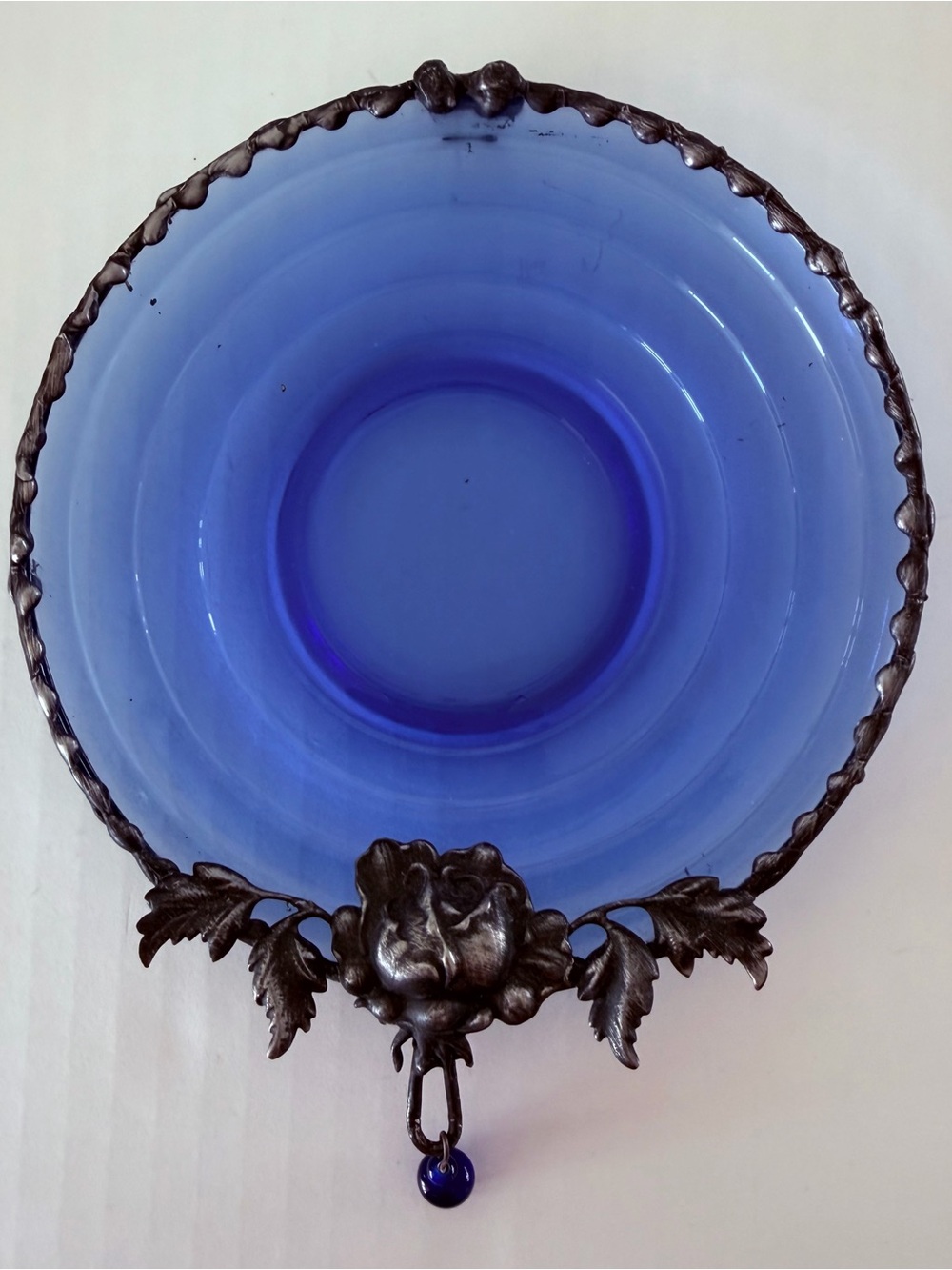 Royal Blue Depression Glass Decorative Plate w Metal Embellishments & Hanger NEW